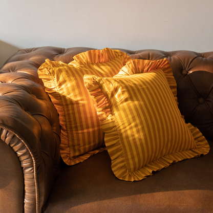 Striped Ruffle Cushion Cover - Mustard