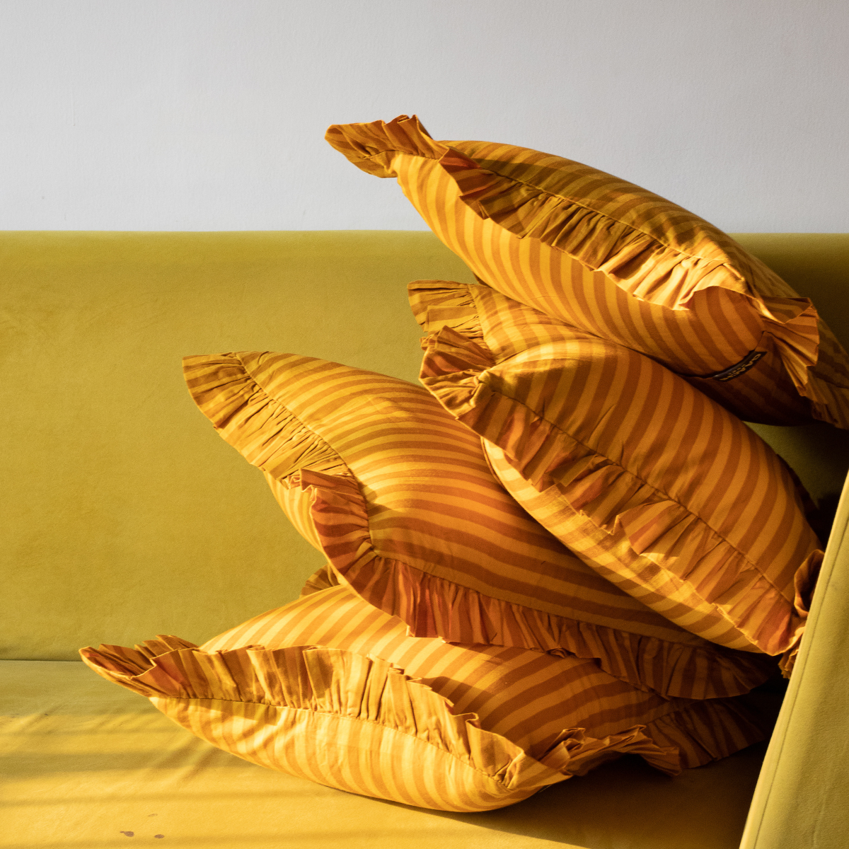 Striped Ruffle Cushion Cover - Mustard