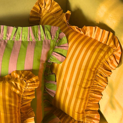 Striped Ruffle Cushion Cover - Mustard