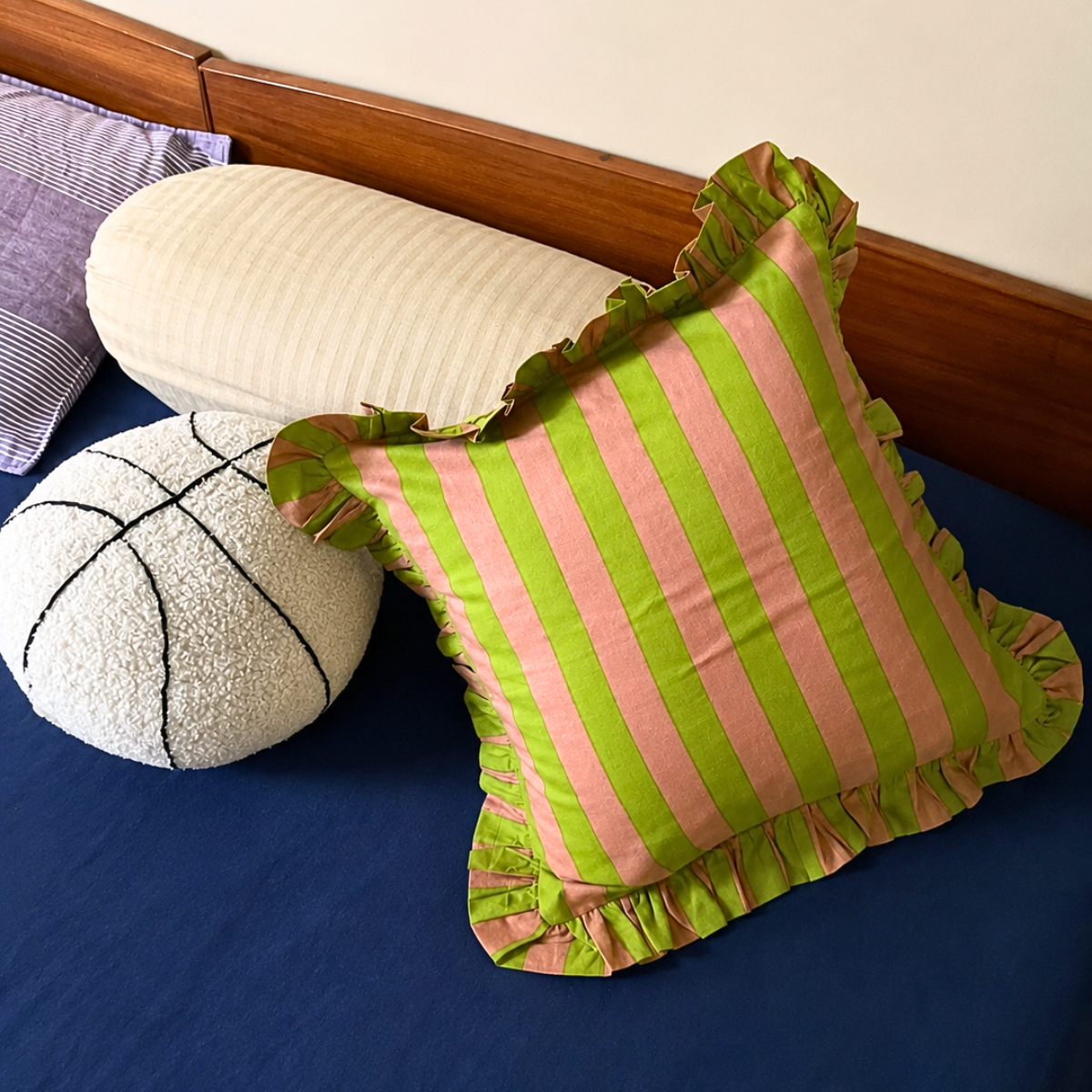 Striped Ruffle Cushion Cover - Guava