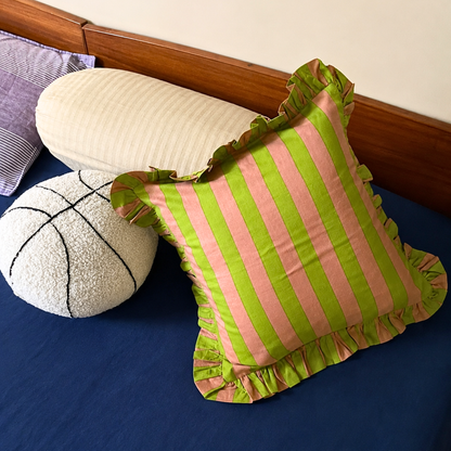 Striped Ruffle Cushion Cover - Guava